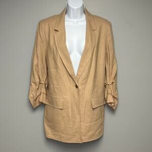 NWT Anne Klein Tan Neutral Minimalist Linen Blend Resortwear Blazer Womens L
